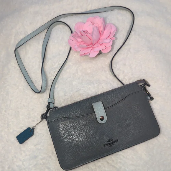 Coach Pebbled Leather Crossbody Bag Removeable Strap Dark Gray Light Gray Accent - Picture 2 of 7